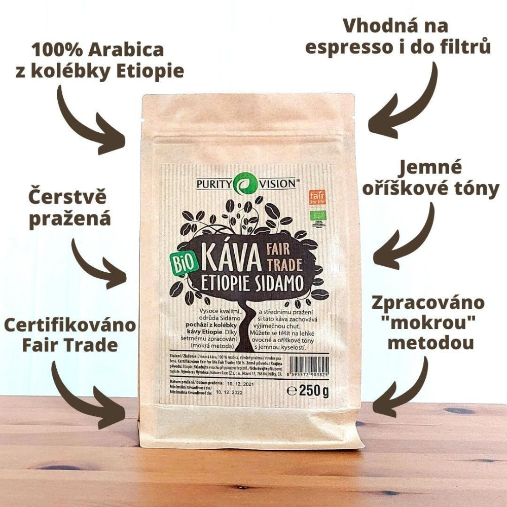 Grains de café bio équitables Éthiopie Sidamo 250 g